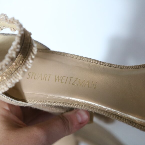 Stuart Weitzman Chaingang Frayed Linen Beaded Gold Heels Womens 7.5 Tan Strappy - Picture 3 of 9